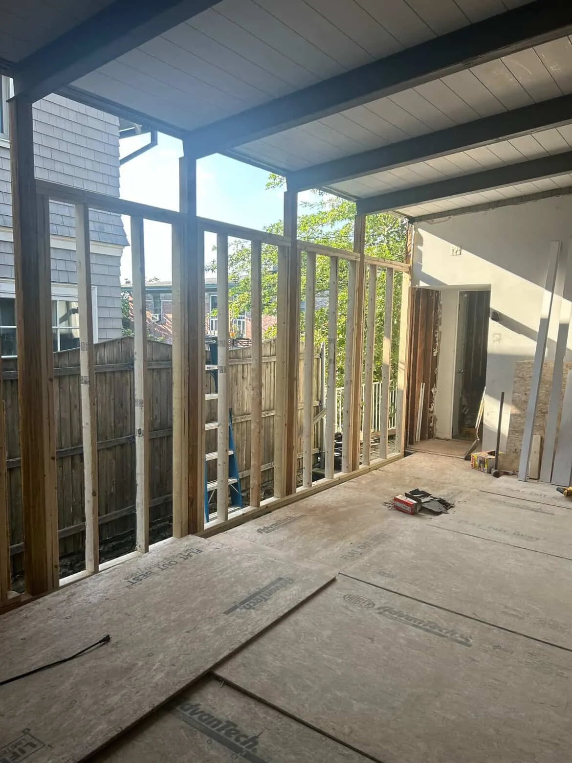 Wall framing during an interior construction project